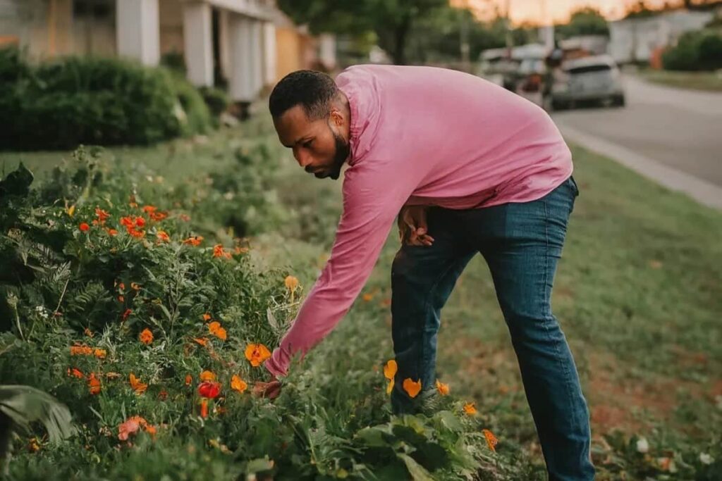 A man in a pink long-sleeve shirt is bent over, tending to a patch of bright orange and yellow flowers in a garden bed next to a sidewalk and residential street for commercial landscaping in OTOW, Florida.