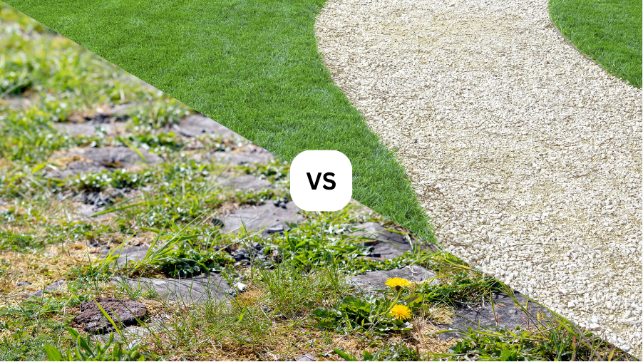 A comparison of an overgrown, weed-infested garden path versus a clean, professionally installed white gravel walkway with manicured grass, highlighting landscaping service in The Villages, Florida.