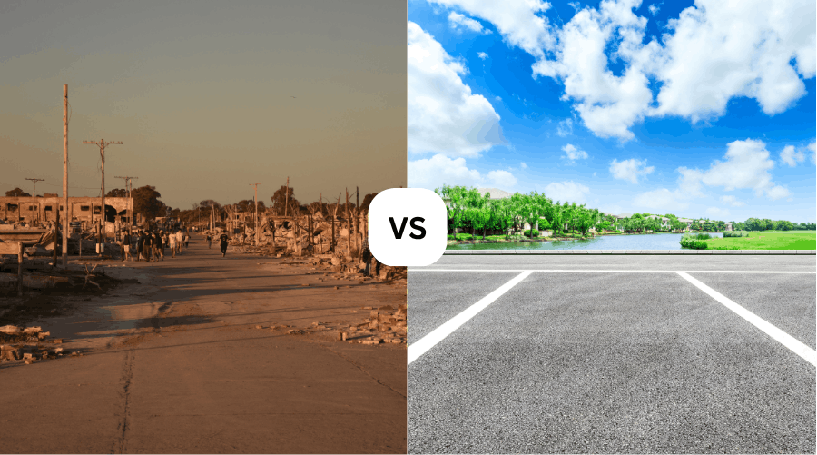 Post-Storm Recovery in Ocala for The Ultimate Commercial Guide 2 Side-by-side comparison of a destroyed city street versus a restored park and clean road, showcasing professional disaster recovery services in Central Florida.