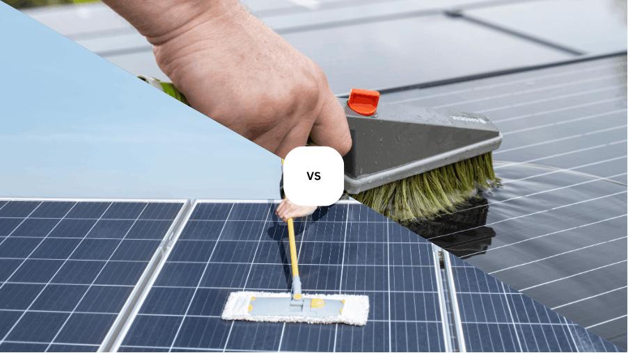A side-by-side comparison of a DIY using a soft-bristle brush and a microfiber mop for professional solar panel cleaning in Orlando, FL.