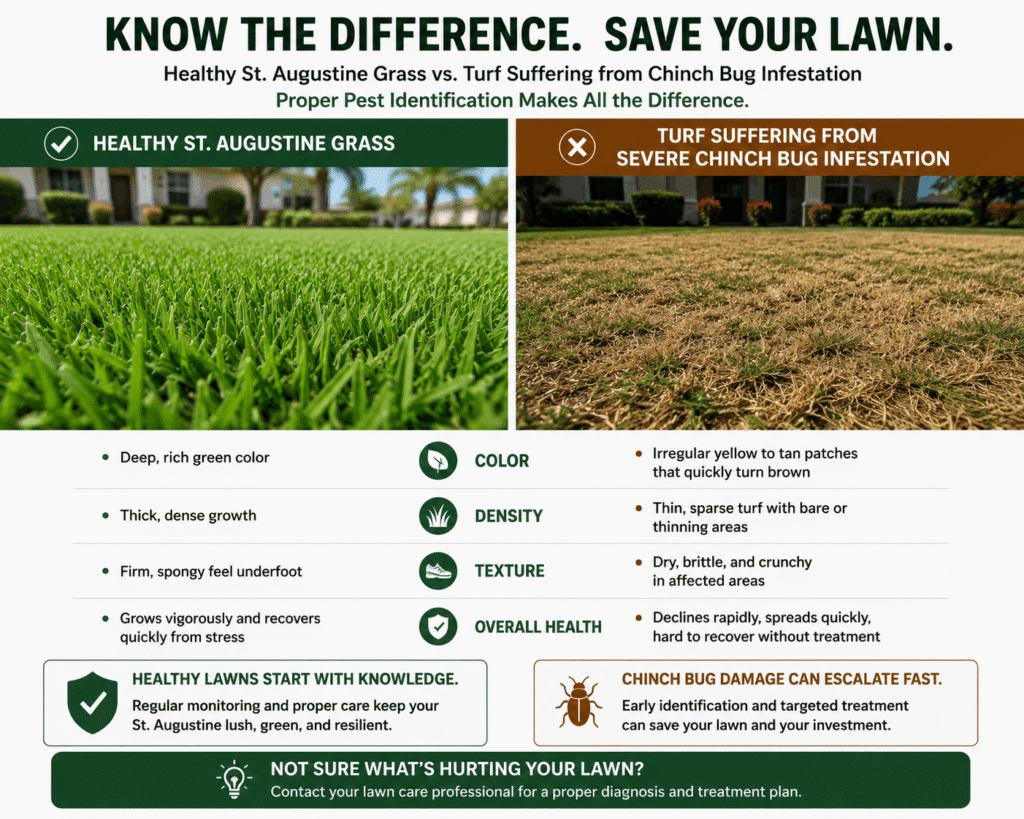 An educational infographic titled Know the Difference. Save Your Lawn. side-by-side comparing healthy St. Augustine grass with turf suffering from a severe chinch bug infestation, detailed with a color, density, texture, and overall health comparison table for lawn pest control services in Tampa, FL.