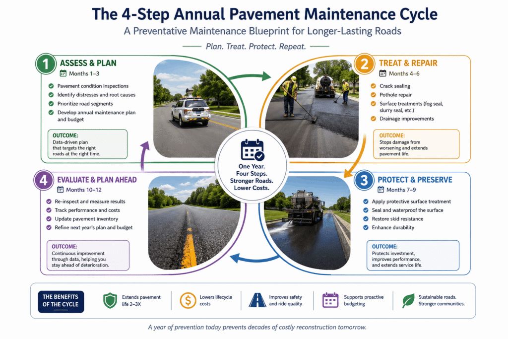 An infographic titled The 4-Step Annual Pavement Maintenance Cycle detailing road preservation strategies in Dallas, Texas, with sections covering Assess and Plan, Treat and Repair, Protect and Preserve, and Evaluate.