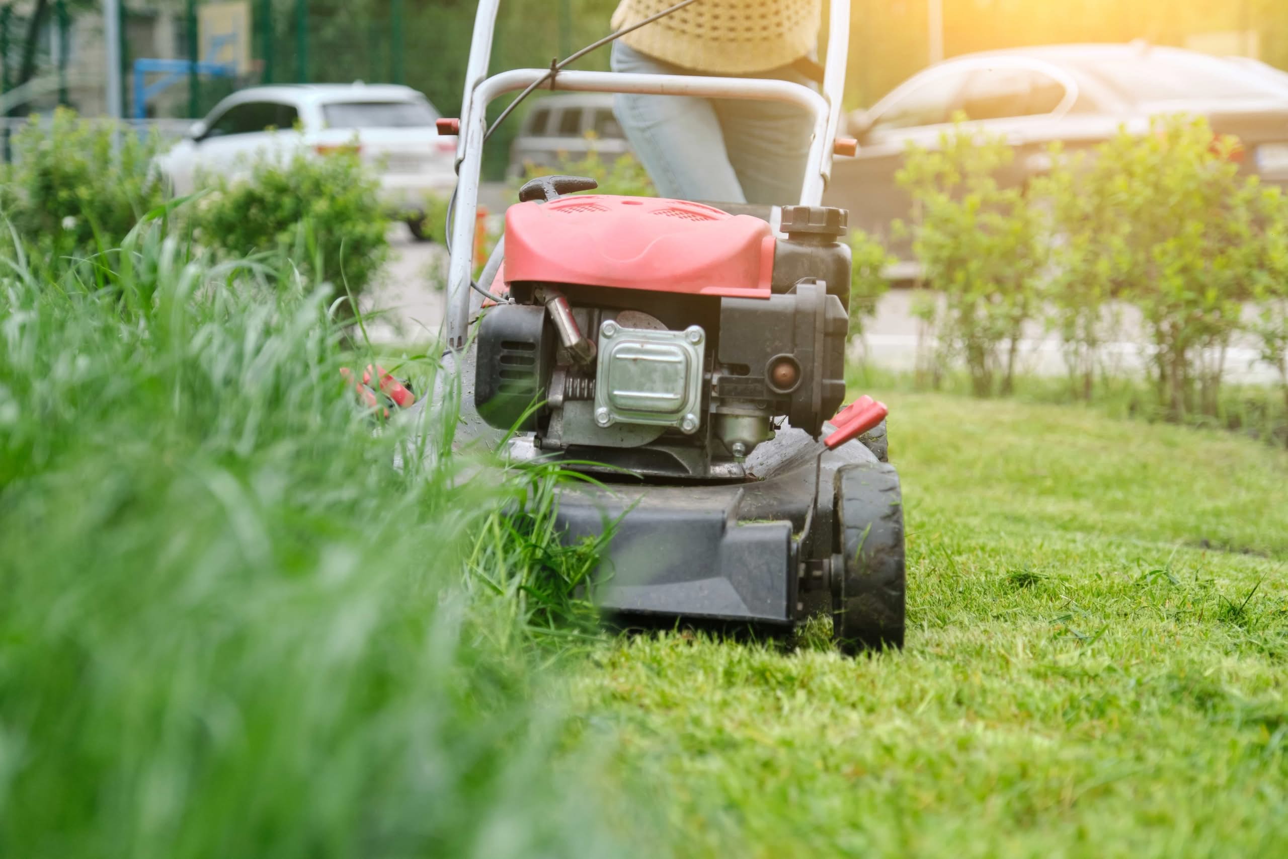 A professional gardener using a lawn mower for summer lawn mowing guide in Ocala, FL.