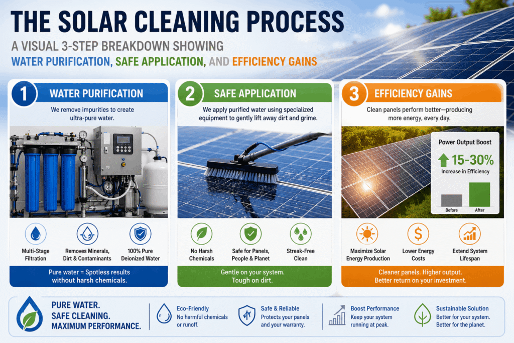 An infographic titled The Solar Cleaning Process outlining professional solar panel cleaning services in San Diego, CA, detailing a 3-step system: Water Purification, Safe Application, and a 15-30% Efficiency Gain.