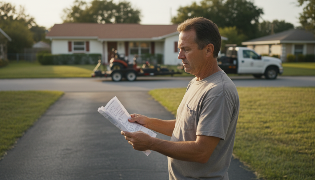 What's the Best Way to Find a Reliable Lawn Mowing Service in Ocala, FL? 3 homeowner reviewing a written lawn mowing service estimate outdoors
