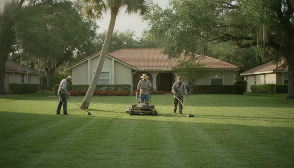 What's the Best Way to Find a Reliable Lawn Mowing Service in Ocala, FL? 1 professional crew performing lawn mowing in Ocala FL residential yard