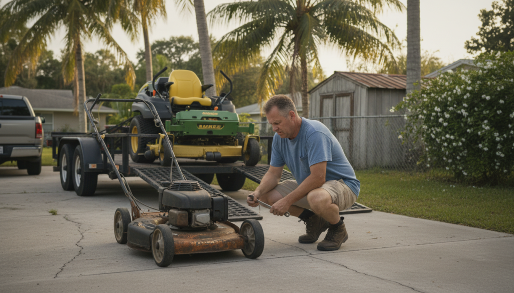 Who Really Offers Affordable Lawn Mowing in Ocala, FL? 2 homeowner comparing DIY mower to professional lawn mowing service equipment