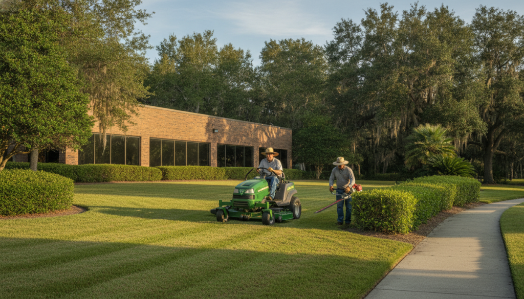 Commercial Lawn Care in Ocala, FL: What Property Managers Need in 2026 1 crew performing commercial lawn care on an Ocala business property