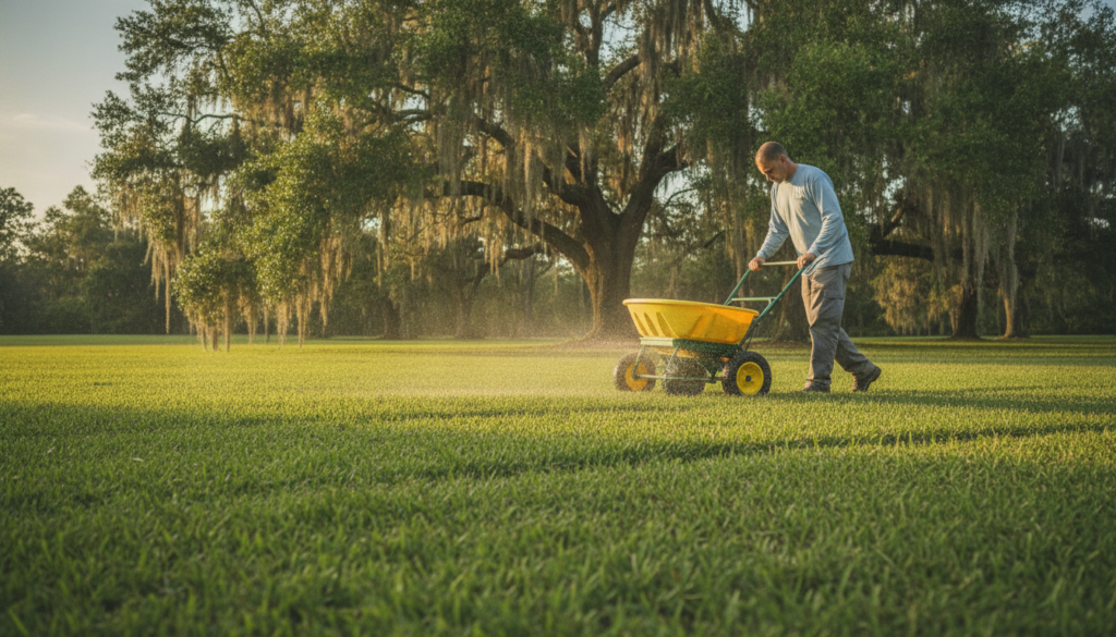 Ocala's Trusted Lawn Care Services for Healthier Yards in 2026 1 technician performing lawn care services on a St. Augustine grass lawn in Ocala FL