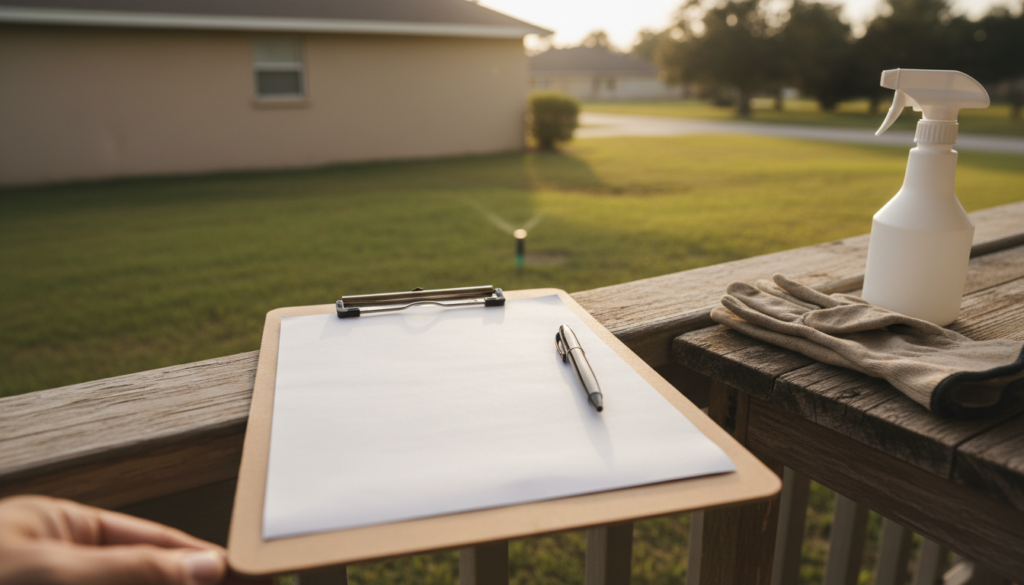 Searching for Lawn Mowing in My Area? Your Ocala 2026 Guide 2 affordable lawn mowing service pricing sheet on clipboard in Ocala yard