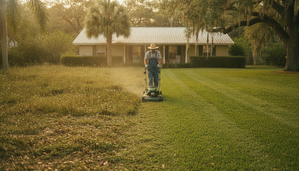 Need to Get Grass Cut in Ocala? Here's the Fast, Reliable Fix 2 overgrown Ocala lawn before a scheduled grass cut compared to a freshly mowed yard