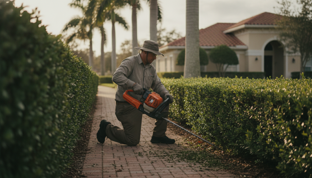 yard maintenance service technician trimming hedges near an Ocala HOA property